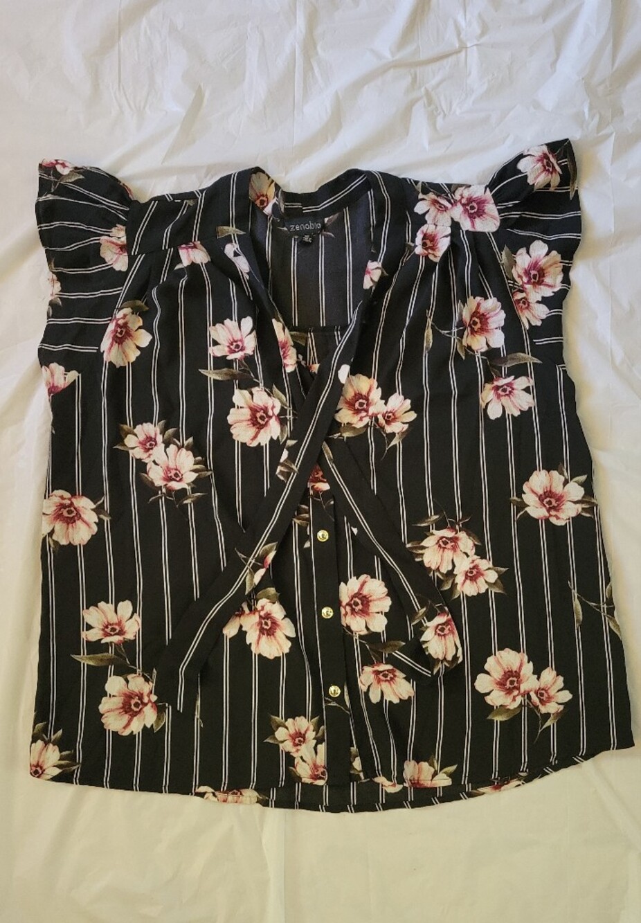 Floral Striped Black Button-Front Dress with Pink Blooms